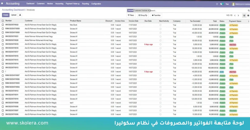 متابعة الفواتير والمصروفات في نظام سكوليرا